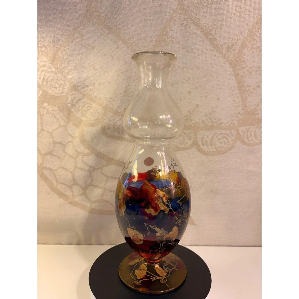Vintage Romanian Hand Blown Art Glass Vase Double Bulbous Gold Filigree Abstract